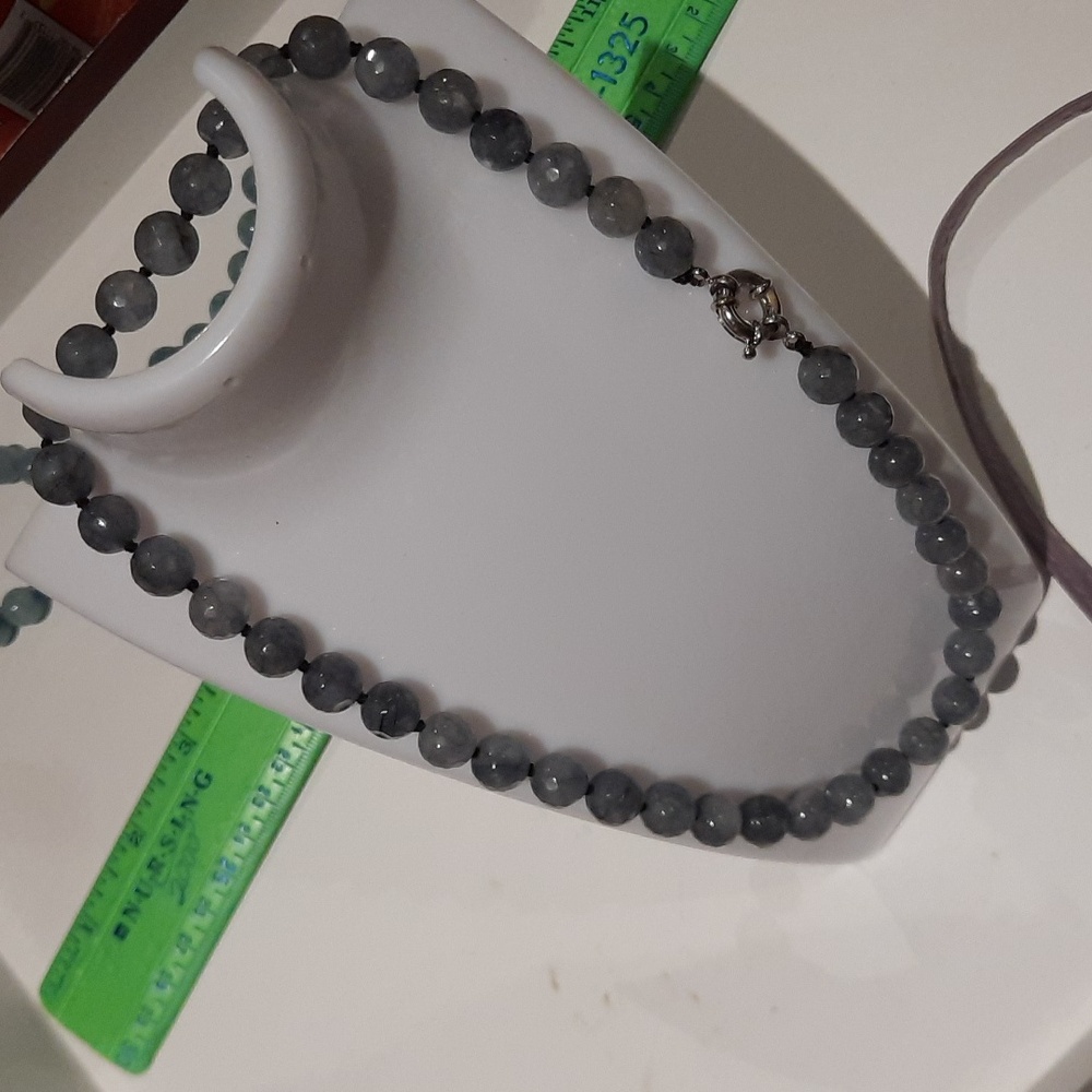 Authentic Elegant Genuine Faceted Agate Green Blue Beaded Necklace Beads Rhodium